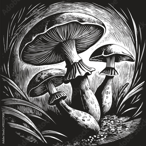 Detailed woodcut illustration depicting a cluster of forest mushrooms