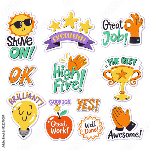 Collection of Motivational and Positive Feedback Stickers for Encouragement.