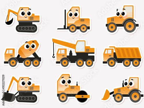 Cute Cartoon Construction Vehicles Set with Faces.