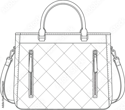 Quilted handbag technical line drawing illustration, diamond stitching, zippered pockets, padded handles, detachable shoulder strap, fashion accessory vector artwork