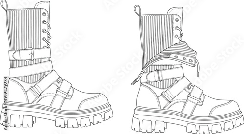Rugged boot line drawing illustration, side views, treaded sole, straps, ribbed upper, lacing system, fashion footwear vector artwork