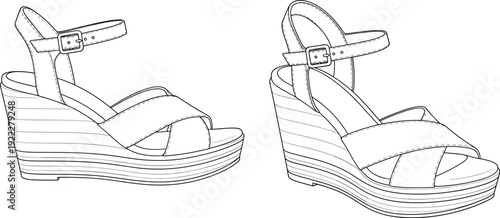 Wedge sandals line drawing illustration, crisscross straps, ankle buckle, high platform heel, striped detailing, fashion footwear vector artwork