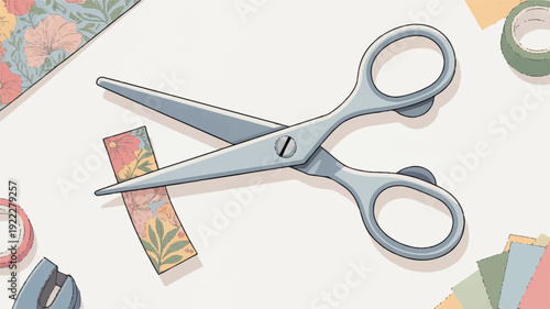 Scissors cutting colorful tape on a white surface with crafting supplies diy and stationery tools