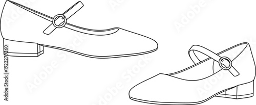 Women’s dress shoes line drawing, block heels, strap with round buckle, rounded toe, fashion footwear, product design, vector artwork