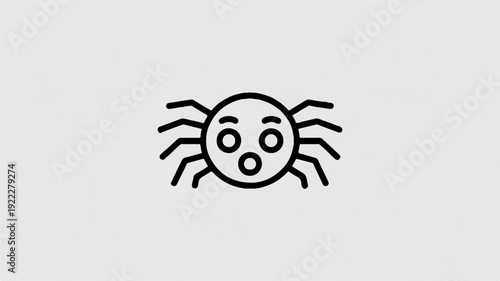 Surprised spider face emoticon with eight legs on gray background simple black line drawing cartoon