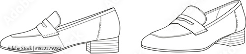 Women’s loafers line drawing illustration, side views, block heel, rounded toe, strap detail, stitching design, fashion footwear vector artwork