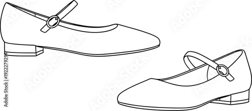 Mary Jane shoe line drawing illustration, women’s footwear artwork, fashion design vector, stylish composition, apparel symbol, retail catalog concept