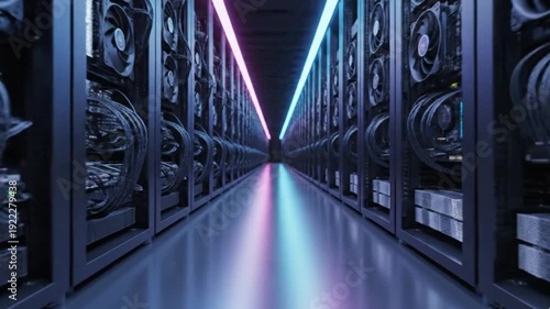 Perspective view down a server room corridor with pink and blue neon lights illuminating the path