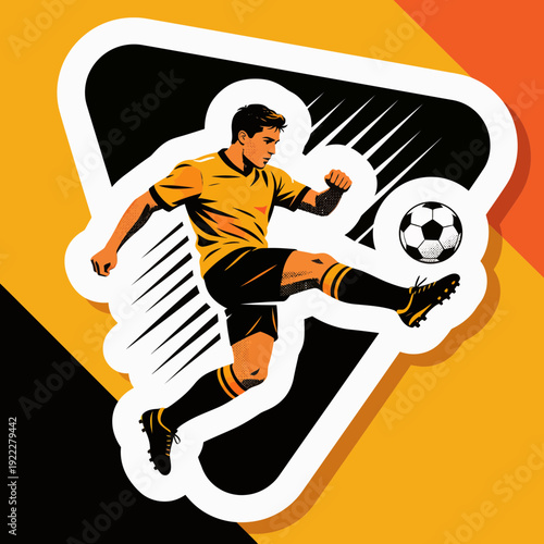 Dynamic Soccer Player Kicking Ball in Action Sticker Design.