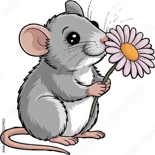 Cute cartoon mouse smelling a purple daisy flower on a white background with soft lighting