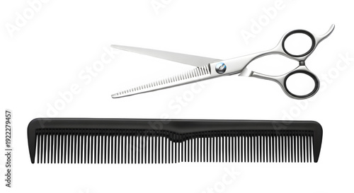 Hair cutting tools scissors and comb on black background