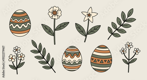 A collection of decorative Easter eggs and flowers in flat modern vector style, perfect for spring holiday designs