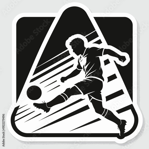 Dynamic Soccer Player Kicking Ball Monochrome Sticker Design.