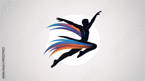 Silhouette of a dancer in mid jump with colorful flowing ribbons on a white background conveying freedom and joy in a dynamic motion
