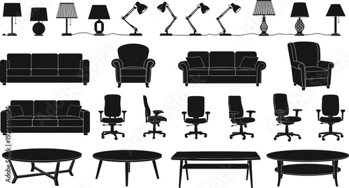 Furniture and lighting silhouettes set with sofas armchairs office chairs tables and lamps in modern black vector style