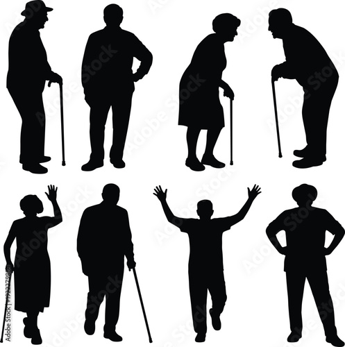 Elderly people silhouettes, senior men and women walking with cane, aging lifestyle, healthcare concept, isolated vector illustration