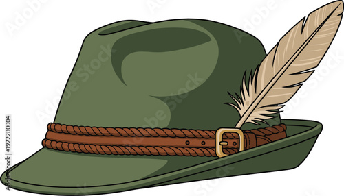   
Flat vector illustration of traditional alpine Tyrolean hat with feather, Bavarian style, folk costume accessory, cultural heritage, festival attire design
