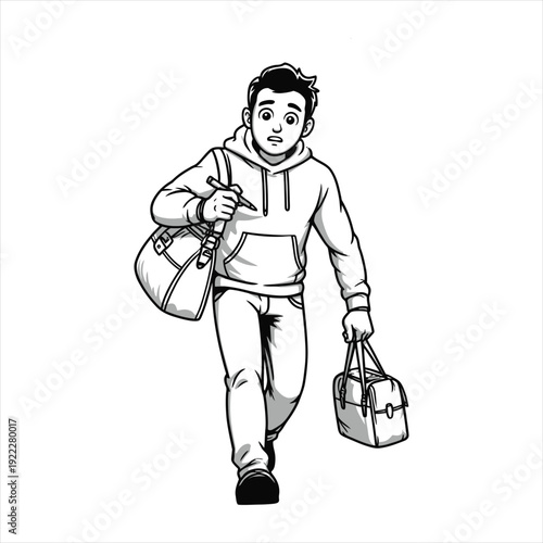 Nervous cartoon man carrying heavy bags while traveling alone