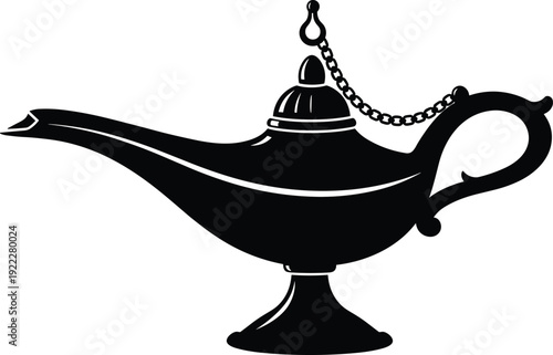 Flat vector illustration of traditional genie lamp silhouette, ornate oil lamp design, cultural accessory art, Middle Eastern folklore inspired ornament