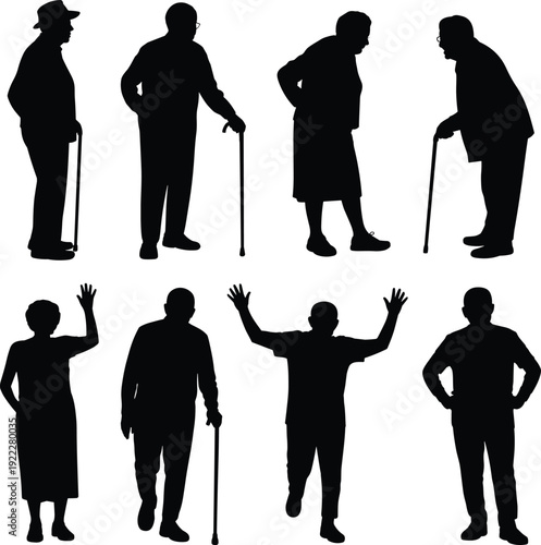 Elderly people silhouettes, senior men and women with walking cane, aging lifestyle, healthcare, retirement, isolated vector illustration