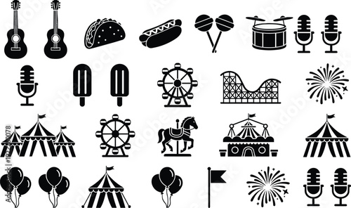 Black and white carnival with musical instruments and food amusement park