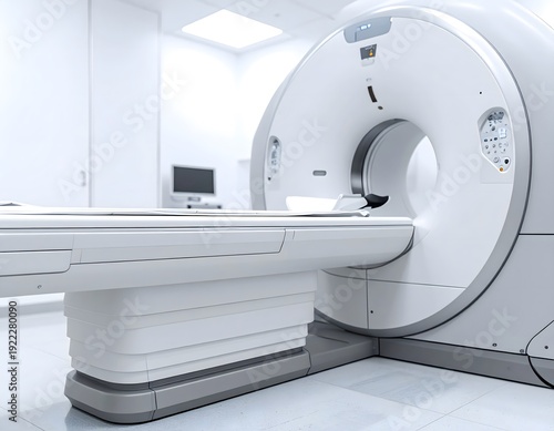 Escáner de resonancia magnética en sala hospitalaria blanca con equipamiento médico moderno