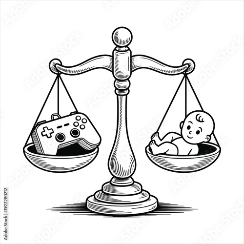 Scales of justice balancing baby and game controller, concept of life choices or parenting priorities