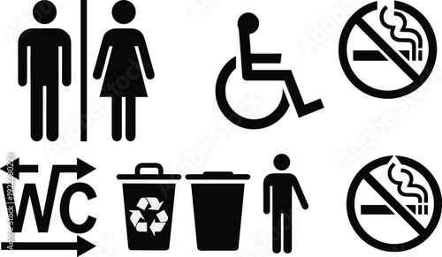 Black and white for restroom signs and no smoking wheelchair accessible recycling bin