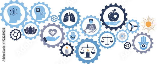 Holistic Well-being and Interconnected Systems Concept with Gears and Diverse Icons
