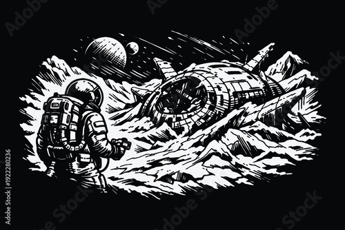 Astronaut Explorer Standing Near a Crashed Spaceship on a Desolate Alien Planet Surface in a Detailed Vintage Engraving Style Vector Illustration.
