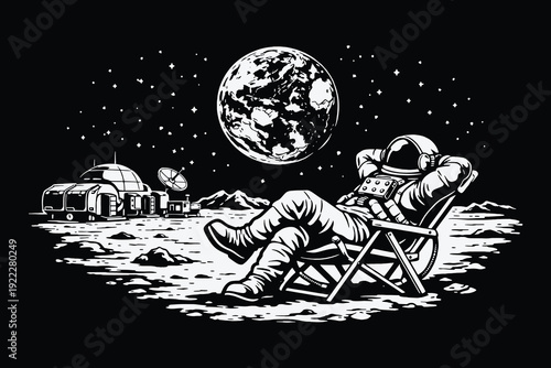 Astronaut Relaxing on a Beach Chair on the Moon Surface with Earth View in the Background Hand Drawn Vintage Woodcut Style Vector Illustration.