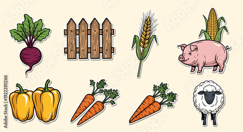 A collection of farm-themed elements including vegetables, a pig, and a fence in colorful vector style, suitable for agricultural designs