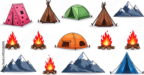 Collection of diverse camping elements including colorful tents, warm campfires, and majestic mountains