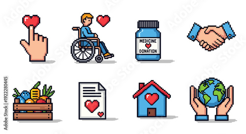 A set of charity and health icons including a heart, wheelchair, medicine bottle, and hands in flat vector style, ideal for social care projects