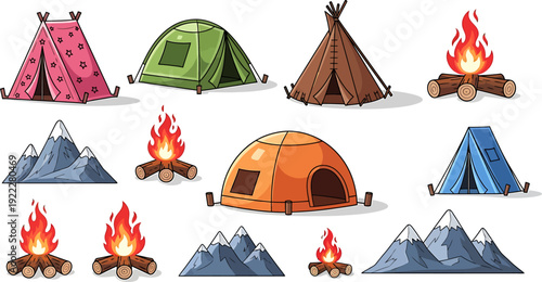 Colorful Camping Elements Collection: Tents, Campfires, and Mountains on White Background