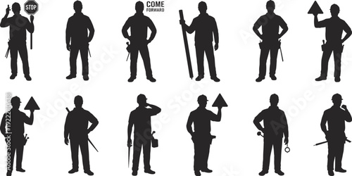 Construction worker silhouettes, traffic controller poses, stop sign illustration, safety gesture art, industrial workforce concept, communication signal design