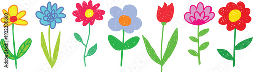 Cute hand drawn spring flower doodle set in bright pastel colors. Trendy playful vector florals for kids design, greeting cards, posters, stickers, social media, prints and cheerful branding.