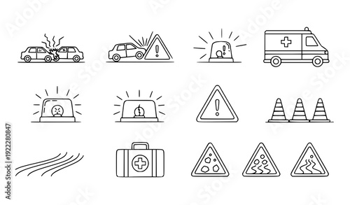 Road Accident and Emergency Line Icons – Traffic Safety Outline Vector Set