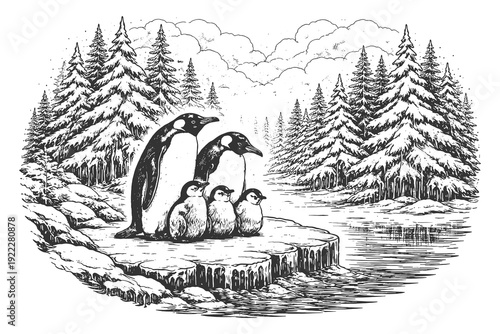 Penguin Family Standing on an Ice Floe in a Snowy Forest Landscape in a Detailed Hand Drawn Engraving Style Vector Illustration for Winter Themes.