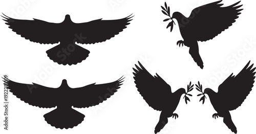 Set of 4 Black Silhouette Dove Vectors with Olive Branches, Symbolizing Peace and Freedom, Ideal for Graphic Design and Religious Themes
