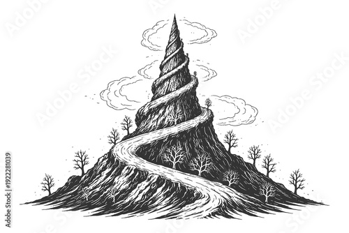 Surreal Spiral Path Winding Up a Tall Peak Mountain in a Detailed Hand Drawn Engraving Style Vector Illustration for Conceptual Adventure Themes.