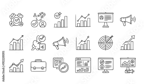 Business Strategy and Digital Marketing Outline Icons – Growth Development Vector Set
