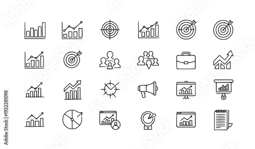 Modern Business Growth and Digital Marketing Icons – Development Strategy Outline Vector