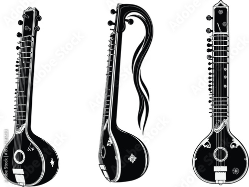 Black and white of indian stringed musical instruments indian instruments stringed instruments