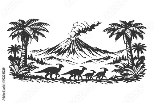 Herd of Parasaurolophus Dinosaurs Walking Near an Erupting Volcano and Palm Trees in Vintage Hand Drawn Engraving Vector Illustration.