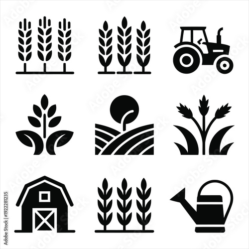 Agricultural icons including wheat fields tractor barn and watering can