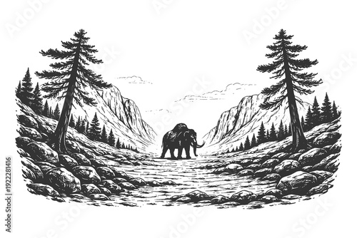 Majestic Woolly Mammoth Walking Through a Pine Forest Valley in Vintage Hand Drawn Engraving Vector Illustration for Ice Age Themes.