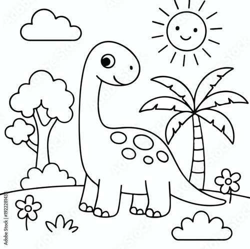Adorable long-necked brontosaurus smiling cartoon character line art drawing for kids coloring pages and educational activities featuring prehistoric creatures.