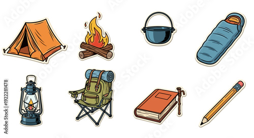 A collection of camping icons including a tent, campfire, lantern, cooking pot, sleeping bag, and outdoor gear in colorful vector style, perfect for adventure and outdoor-themed designs
