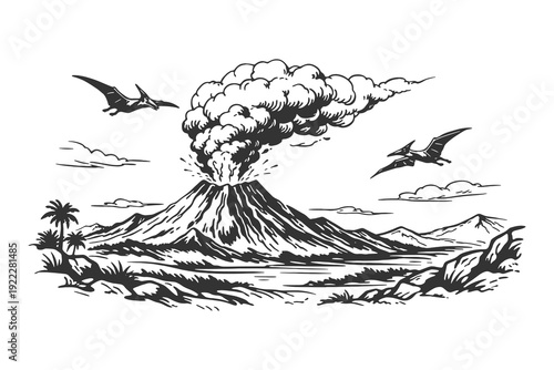 Prehistoric Landscape Vector Illustration Featuring an Erupting Volcano with Smoke Clouds and Flying Pterosaurs in Vintage Woodcut Style.